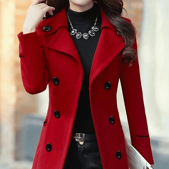 Jackets & Blazers - Red Elegant Women's Double-Breasted Lapel Coat